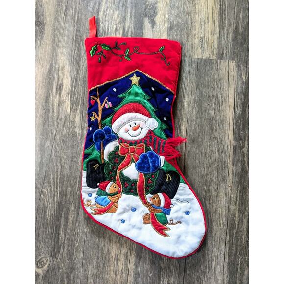 Vintage Blue Velvet Christmas Stocking Snowman Mouse 17" Holiday Festive - Picture 1 of 10